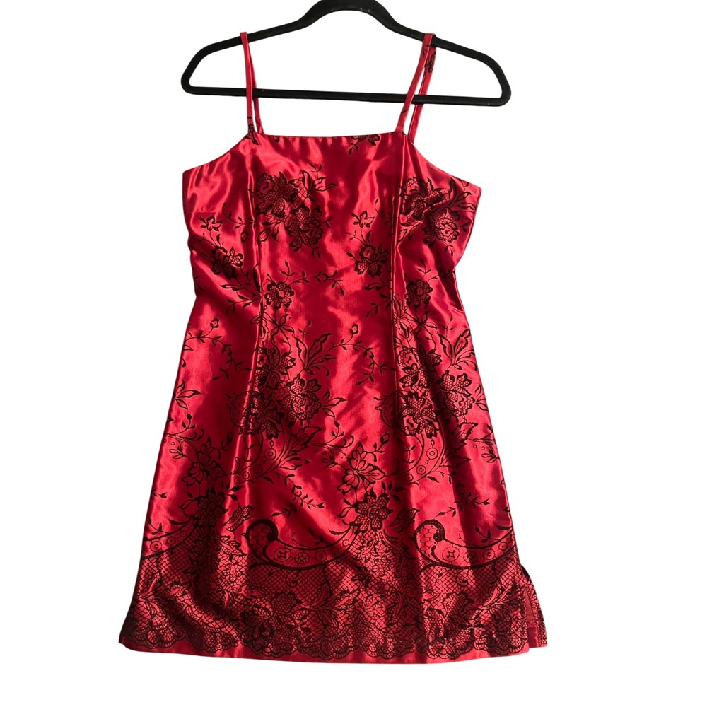 Younique Slip Dress 7 Red Black Floral Flocked Satin 90s Vtg Whimsigoth Vampy
